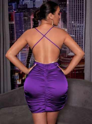 Satin Backless Ruched Mini Dress - Purple / s Stylord