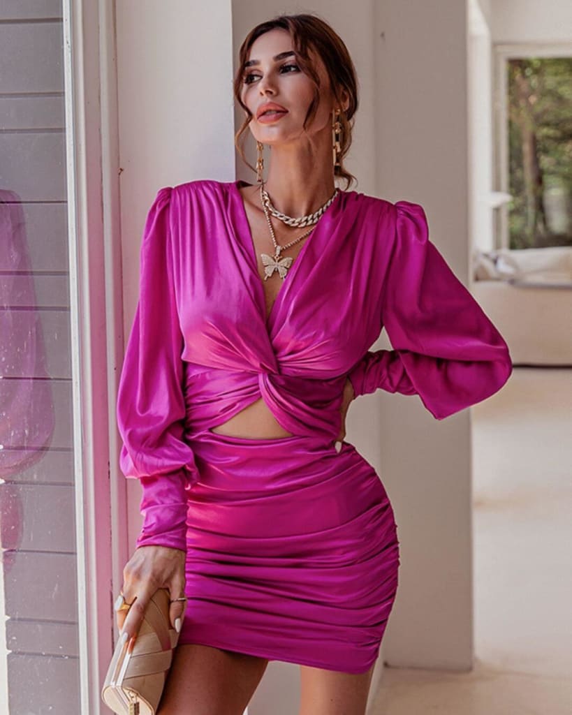 black v neck mini dress long sleeve Velvet Deep Front V-neck, mini dress with long sleeves and draped deta –  Haleia