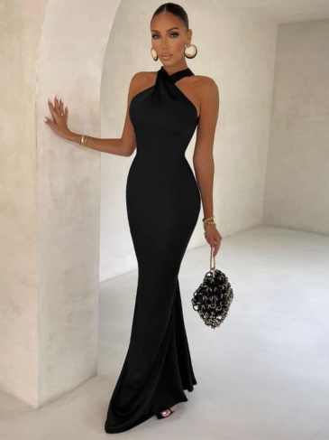 Satin Halter Sleeveless Backless Bodycon Maxi Dress - Black / s Stylord