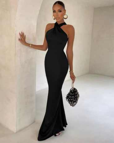 Satin Halter Sleeveless Backless Bodycon Maxi Dress - Black / s Stylord