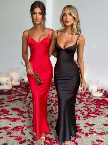 Satin Sleeveless V-neck Lace Up Solid Maxi Dress - Red / s Stylord