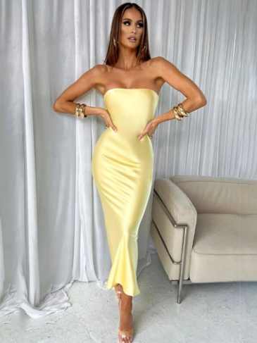 Satin Solid Strapless Backless Chain Prom Midi Dress - Yellow / s Stylord