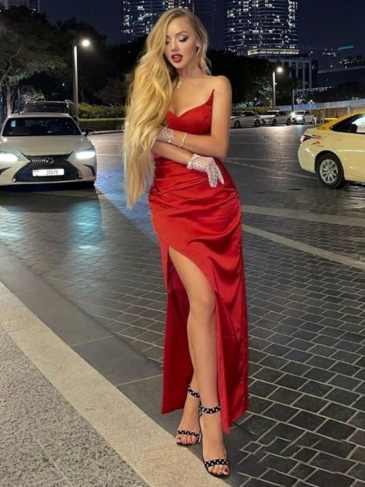 Satin Strapless Slit Sleeveless Maxi Dress - Red / s Stylord