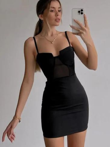 See Through Mesh Patchwork Bodycon Mini Dress - Black / s Stylord