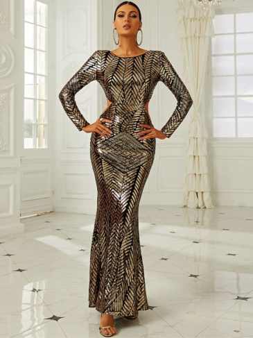 Sequin Formal Backless Long Sleeve Evening Wedding Maxi Dress - Rent / Gold s Stylord