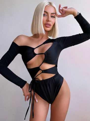 Sexy Autumn Solid Deep V-neck Long Sleeve Bodysuit - Black / s Stylord