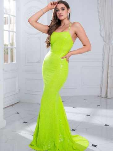 Sexy Backless Lace Up Stretch Sequin Prom Dress - Rent / Green s Stylord