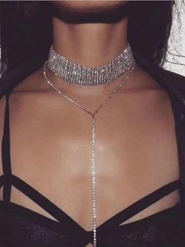 Sexy Body Chain Rhinestone Choker Necklace - Silver Stylord
