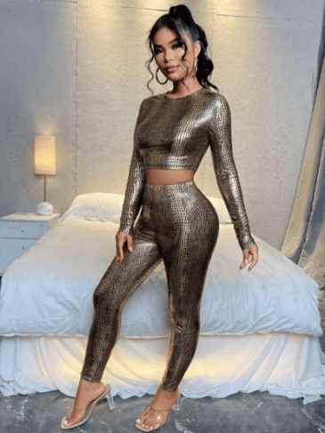 Sexy Crocodile Embossed Crop Tee & Pants Two Piece Set - Gold / s Stylord
