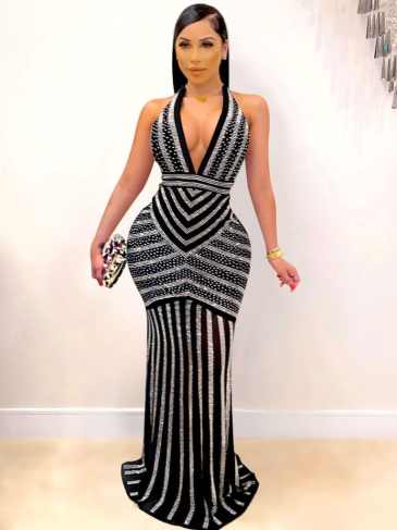 Sexy Deep V-back Club Rhinestone Evening Dress - Black / s Stylord