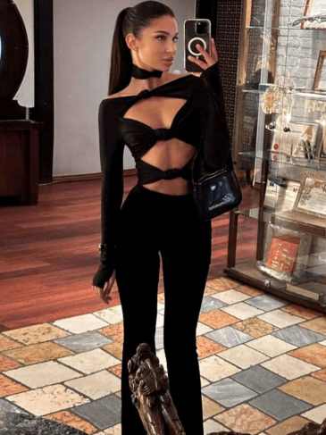 Sexy Hollow Long Sleeve Top & High Waist Pant Two Piece Set - Stylord