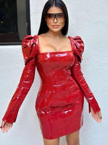 Sexy Pu Long Sleeve Fashion Party Mini Dress - Red / s Stylord