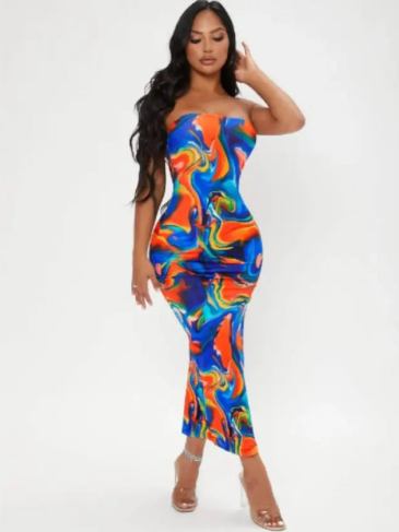 Sexy Marble Print Split Strapless Midi Dress - Multi / s Stylord