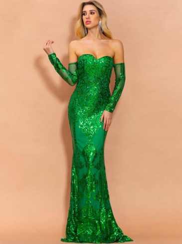 Sexy Off Shoulder Sequin Elegant Maxi Evening Dress - Rent / Green s Stylord