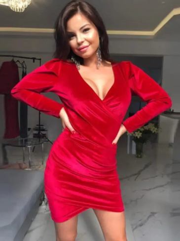 Sexy Red Velvet Deep V-neck Party Dress - s Stylord
