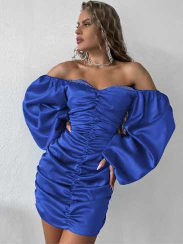 Sexy Satin Puff Sleeve Ruched Slim Mini Dress - Blue / s Stylord