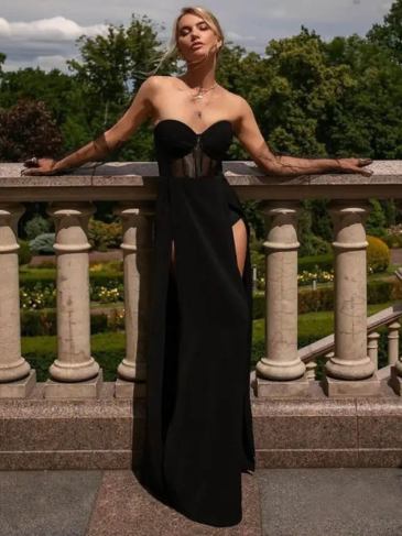 Sexy See Through Mesh Patchwork Strapless High Split Maxi Dress - Stylord