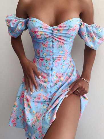 Sexy Off Shoulder Floral Print Summer Dress - Blue / s Stylord