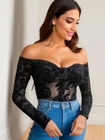 Sexy Slash Neck Low Cut Mesh Embroidery Bodysuit - Stylord