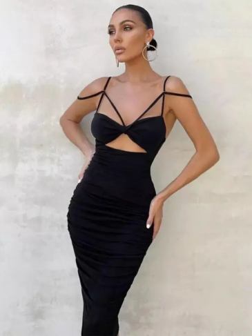 Sexy Spaghetti Strap Hollow Out Dress - Black / s Stylord
