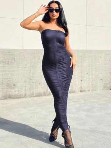 Sexy Strapless Ruched Bodycon Maxi Dress - Blue / s Stylord