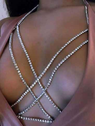 Sexy Women Shiny Full Rhinestone Bra Chain - Silver Stylord