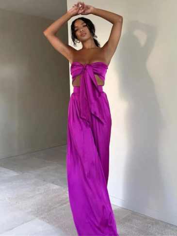 Sexy Wrapped Crop Top + Wide Leg Pant Two Piece Set - Purple / s Stylord