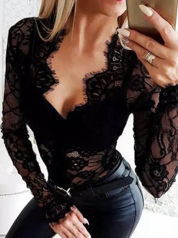 Sheer Eyelash Lace Bodysuit - Black / m Stylord