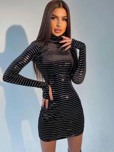 Shine Bling Sequin Long Sleeve Turtleneck Mini Dress - Black / s Stylord