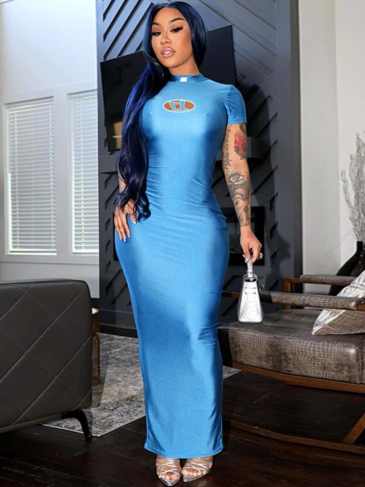 Short Sleeve Solid Bodycon O-neck Midi Dress - Blue / s Stylord