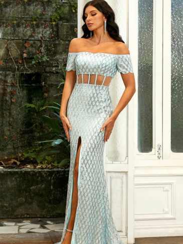 Off Shoulder Blue Plaid Sequin Ruffle Sleeve Mermaid Corset Dress - Rent / s Stylord