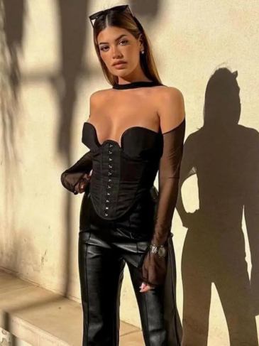 Off Shoulder Corset Mesh Patchwork Casual Crop Top - Black / s Stylord