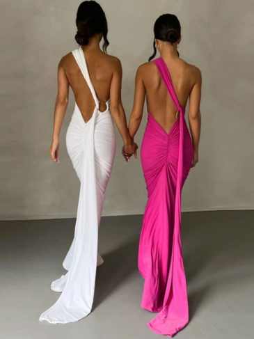 One Shoulder Halter Backless Ruched Dress - Stylord