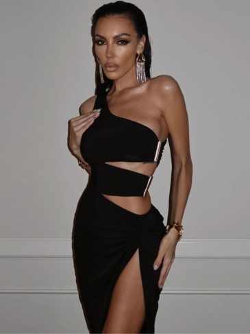 One Shoulder Hollow Out Bodycon Dress - Black / s Stylord