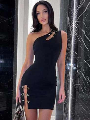One Shoulder Pin Hollow Out Mini Elegant Dress - Black / s Stylord