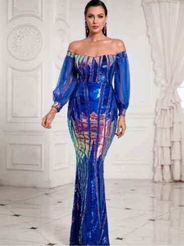 Off Shoulder Lantern Sleeve Mermaid Sequin Dress - Rent / Blue s Stylord