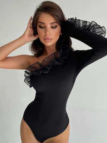 One Shoulder Long Sleeve Lace Bodysuit - Black / s Stylord