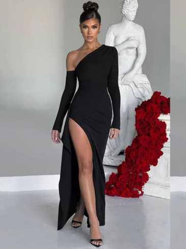 One Shoulder Long Sleeve Slit Elegant Evening Dress - Black / s Stylord
