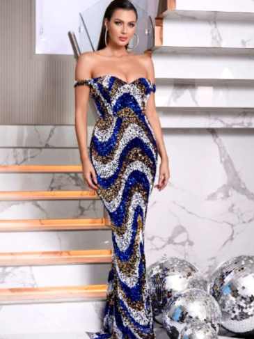 Off Shoulder Mermaid Hem Sequin Maxi Dress - Rent / Blue s Stylord