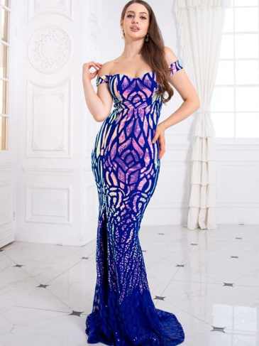 Off Shoulder Padded Geometric Stretch Sequin Dress - Rent / Blue s Stylord