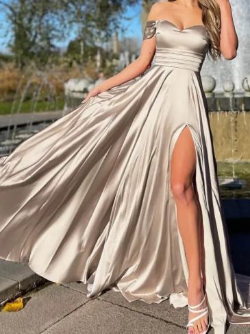 Off Shoulder Satin Bridesmaid Wedding Evening Maxi Dress - Rent / Beige s Stylord