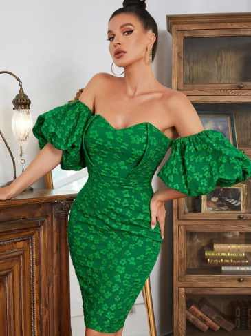 Off Shoulder Strapless Embroidered Midi Dress - Green / One Size Stylord