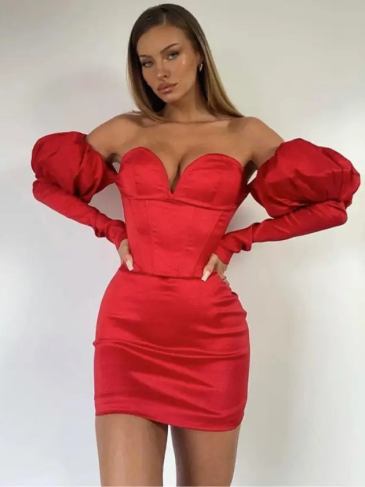 Off Shoulder Straps Puff Sleeves Mini Dress - Red / s Stylord