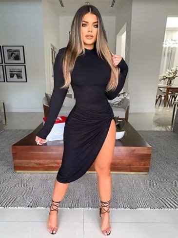 Side Split Elegant Bodycon Midi Dress - Black / s Stylord