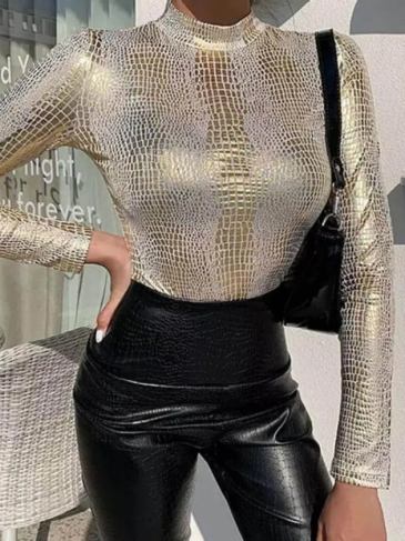 Skinny Carving Print Elegant T-shirt - Gold / s Stylord