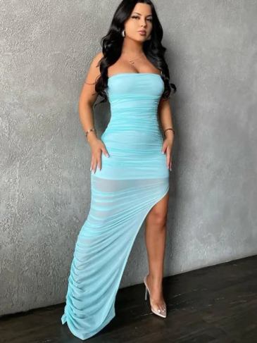 Sleeveless Draped Backless Slit See Through Slip Maxi Dress - Blue / s Stylord