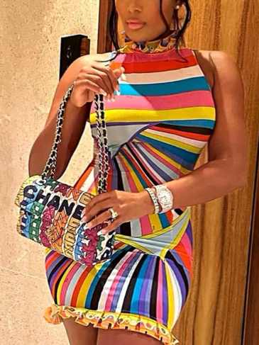 Sleeveless Fashion Bodycon O-neck Mini Dress - Multi / s Stylord