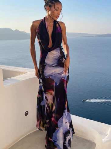 Tie Dye Slip Halter V-neck Summer Dress - Purple / s Stylord