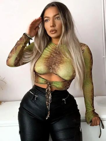 Snake Print Hollow Out Drawstring Ruched Crop Top - Green / s Stylord