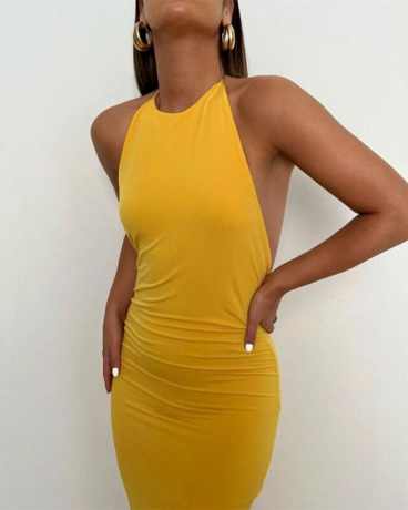 Solid Halter Bandage Sleeveless Yellow Backless Dress - s Stylord